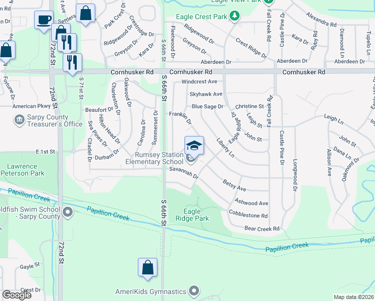map of restaurants, bars, coffee shops, grocery stores, and more near 1810 Deerfield Way in Papillion