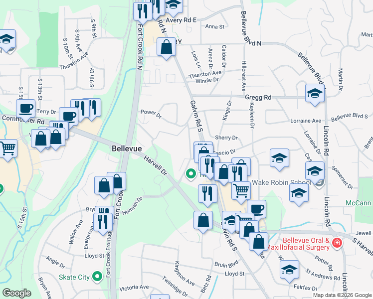map of restaurants, bars, coffee shops, grocery stores, and more near 414 Chateau Drive in Bellevue
