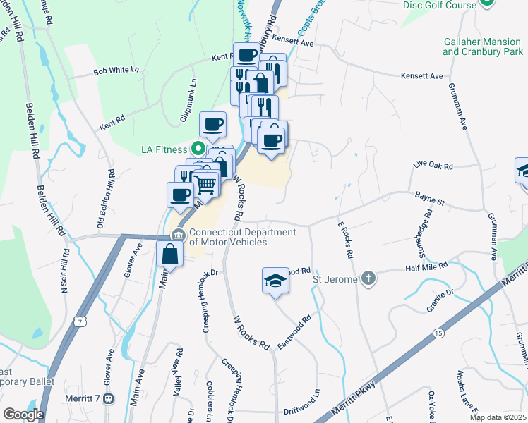 map of restaurants, bars, coffee shops, grocery stores, and more near 4 Bayne Street in Norwalk
