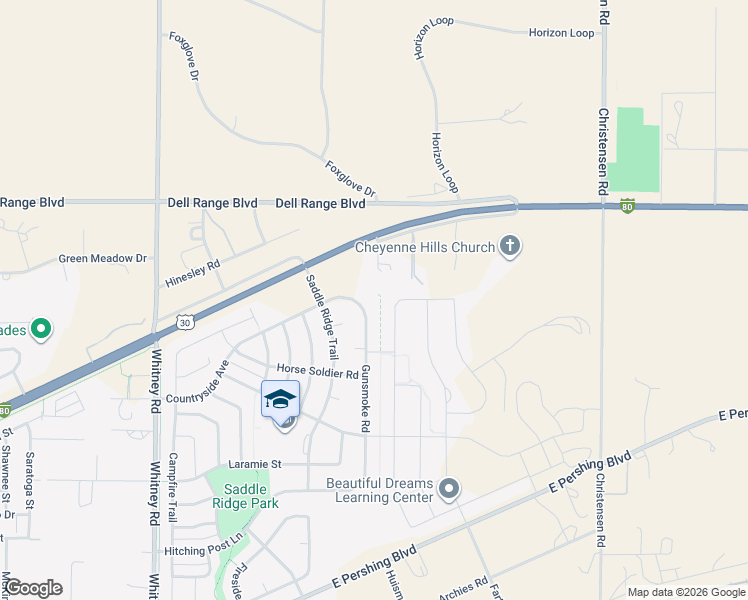 map of restaurants, bars, coffee shops, grocery stores, and more near 4125 Gunsmoke Road in Cheyenne