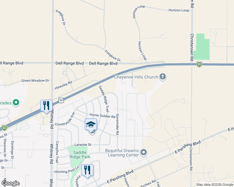 map of restaurants, bars, coffee shops, grocery stores, and more near 4133 Gunsmoke Road in Cheyenne