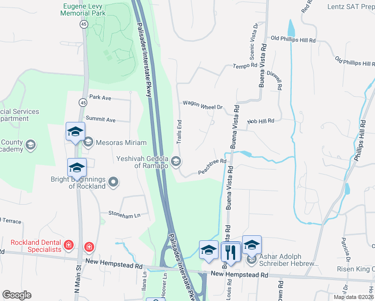 map of restaurants, bars, coffee shops, grocery stores, and more near 124 Trails End in New City