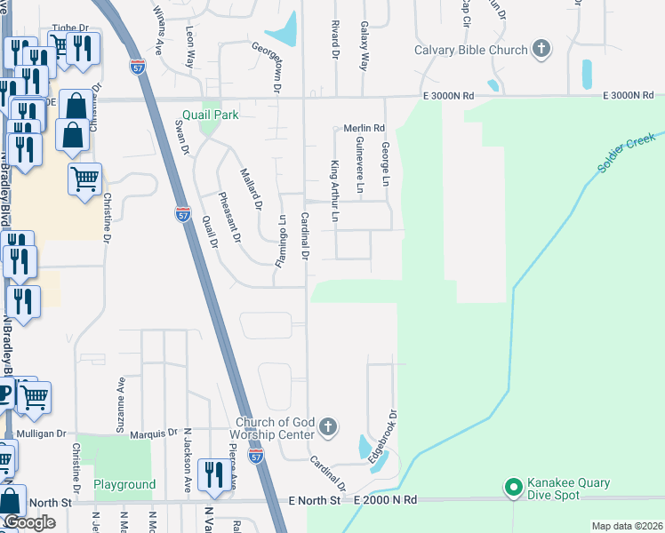 map of restaurants, bars, coffee shops, grocery stores, and more near 1515 Lady Brunetta Road in Bourbonnais