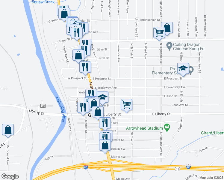 map of restaurants, bars, coffee shops, grocery stores, and more near 131 East Broadway Avenue in Girard