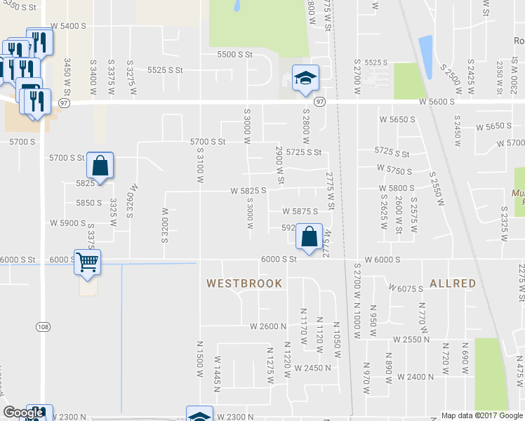 map of restaurants, bars, coffee shops, grocery stores, and more near 5863 South 2950 West in Roy