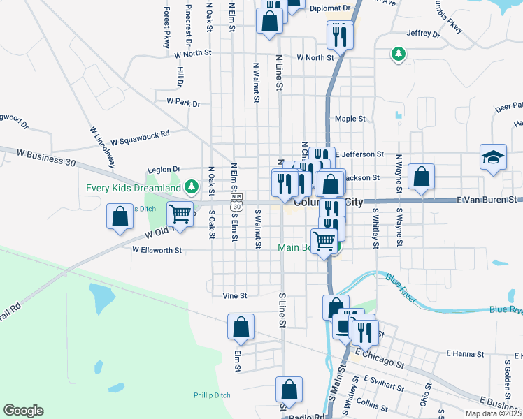 map of restaurants, bars, coffee shops, grocery stores, and more near 315 West Van Buren Street in Columbia City