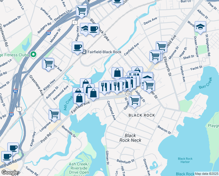 map of restaurants, bars, coffee shops, grocery stores, and more near 103 Morehouse Street in Bridgeport