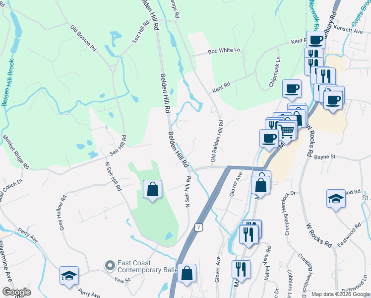 map of restaurants, bars, coffee shops, grocery stores, and more near 570 Belden Hill Road in Norwalk