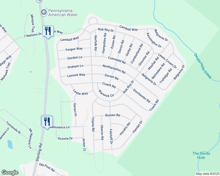map of restaurants, bars, coffee shops, grocery stores, and more near 234 Coach Road in Tobyhanna