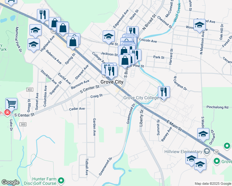 map of restaurants, bars, coffee shops, grocery stores, and more near 114 West Main Street in Grove City