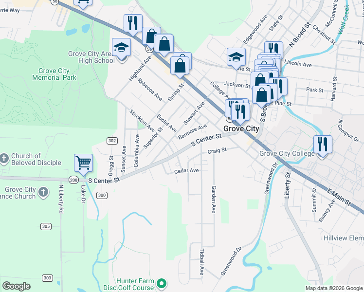map of restaurants, bars, coffee shops, grocery stores, and more near 606 Stewart Avenue in Grove City