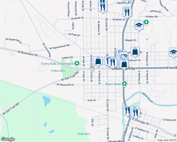 map of restaurants, bars, coffee shops, grocery stores, and more near 415 West Business 30 in Columbia City