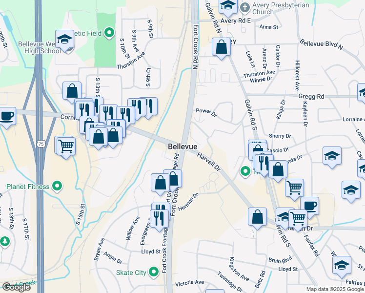map of restaurants, bars, coffee shops, grocery stores, and more near in Bellevue