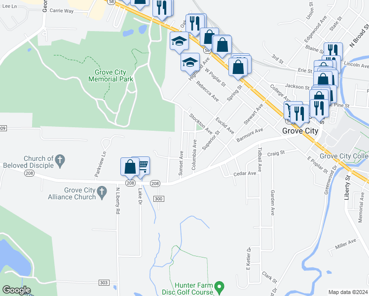 map of restaurants, bars, coffee shops, grocery stores, and more near 916 Sunset Avenue in Grove City
