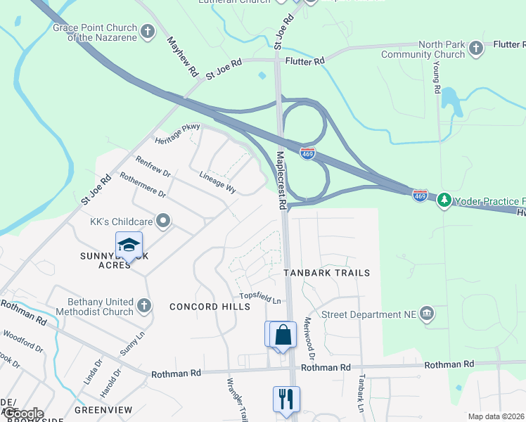 map of restaurants, bars, coffee shops, grocery stores, and more near 6289-6299 Bellingham Ln in Fort Wayne