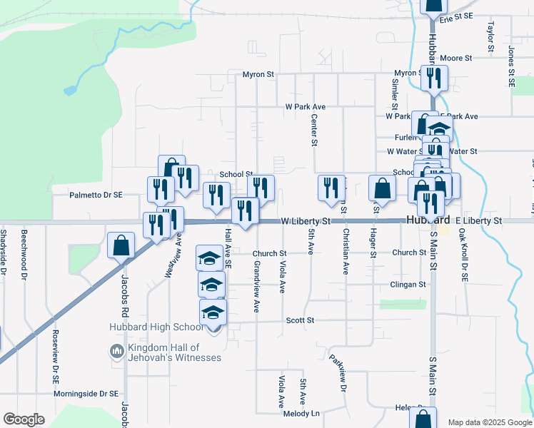 map of restaurants, bars, coffee shops, grocery stores, and more near 534 West Liberty Street in Hubbard