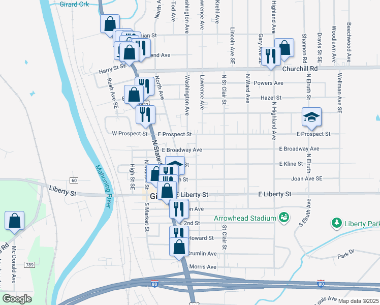 map of restaurants, bars, coffee shops, grocery stores, and more near 200 East Broadway Avenue in Youngstown