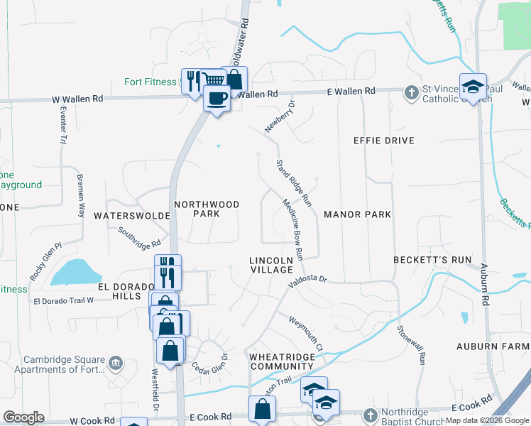 map of restaurants, bars, coffee shops, grocery stores, and more near 8428 Hawk Spring Hill in Fort Wayne