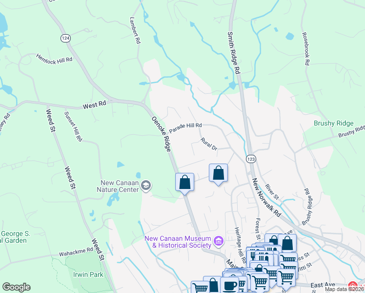 map of restaurants, bars, coffee shops, grocery stores, and more near 253 Oenoke Ridge in New Canaan