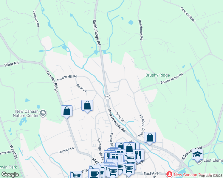 map of restaurants, bars, coffee shops, grocery stores, and more near 45 Garibaldi Lane in New Canaan