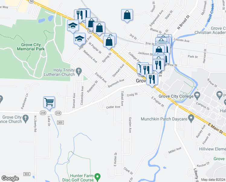 map of restaurants, bars, coffee shops, grocery stores, and more near 625 South Center Street in Grove City