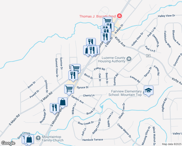 map of restaurants, bars, coffee shops, grocery stores, and more near 11 Elm Street in Mountain Top