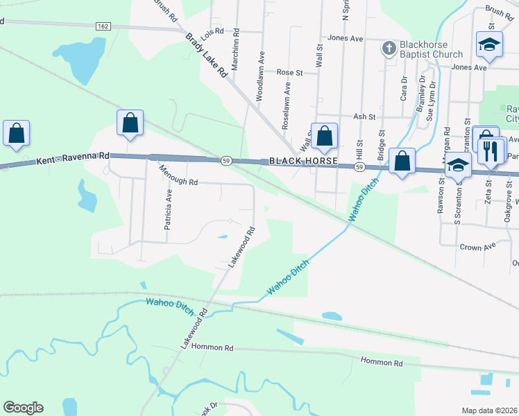 map of restaurants, bars, coffee shops, grocery stores, and more near 6124 Lakewood Road in Ravenna