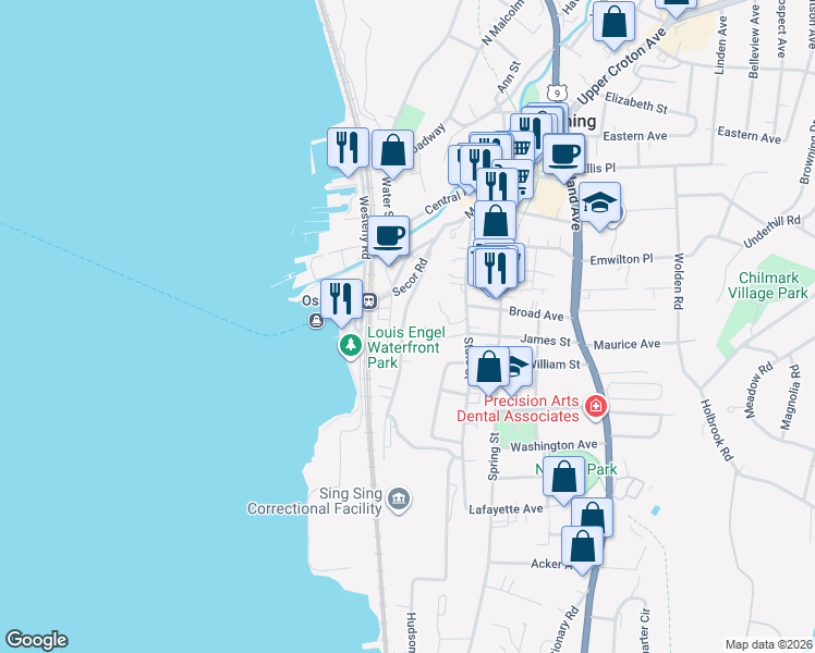 map of restaurants, bars, coffee shops, grocery stores, and more near 45 Hunter Street in Ossining