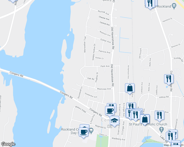 map of restaurants, bars, coffee shops, grocery stores, and more near 12 Oak Road in Congers