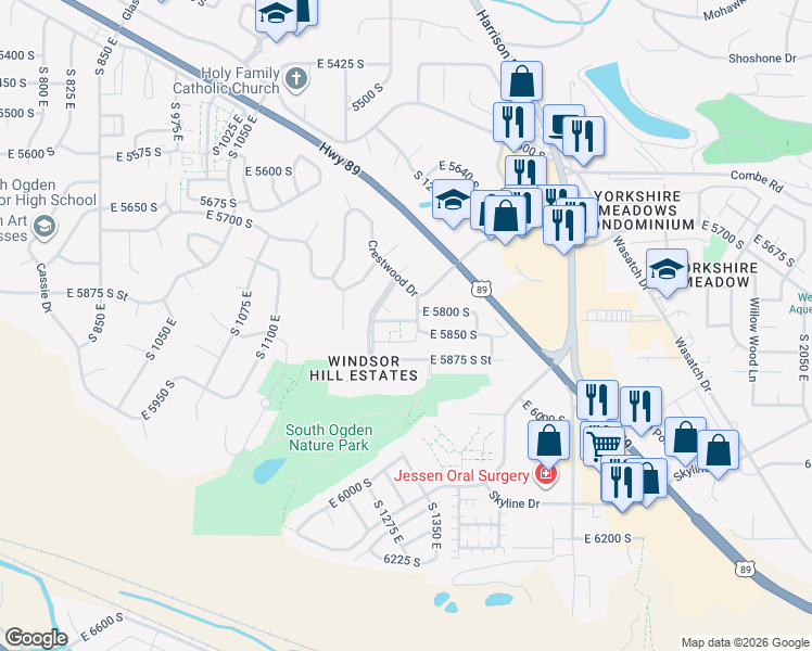map of restaurants, bars, coffee shops, grocery stores, and more near 1295 East 5825 South in South Ogden
