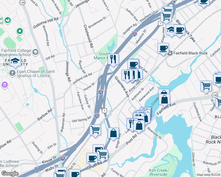 map of restaurants, bars, coffee shops, grocery stores, and more near 19 Westbourne Road in Fairfield