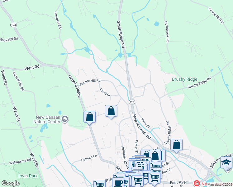 map of restaurants, bars, coffee shops, grocery stores, and more near 76 Parade Hill Road in New Canaan