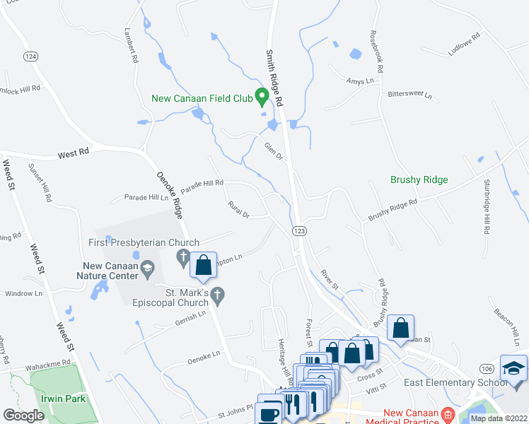 map of restaurants, bars, coffee shops, grocery stores, and more near 5 Rural Drive in New Canaan