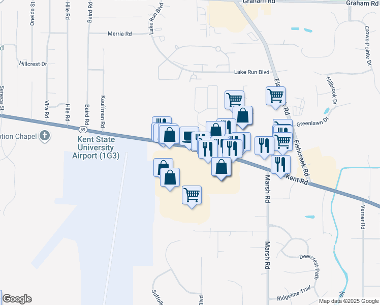 map of restaurants, bars, coffee shops, grocery stores, and more near 4286 Kent Road in Stow