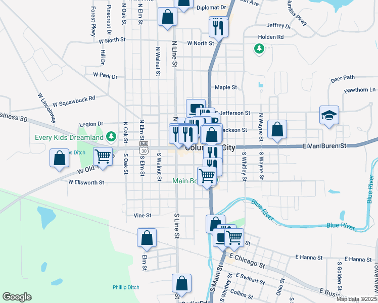 map of restaurants, bars, coffee shops, grocery stores, and more near U.S. 30 Business in Columbia City