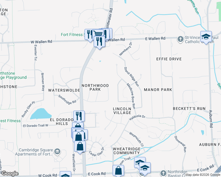 map of restaurants, bars, coffee shops, grocery stores, and more near 8224 Ravinia Road in Fort Wayne