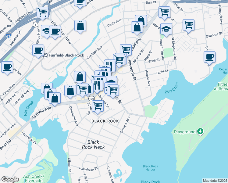 map of restaurants, bars, coffee shops, grocery stores, and more near 554 Brewster Street in Bridgeport