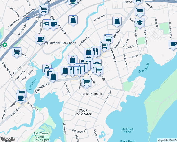 map of restaurants, bars, coffee shops, grocery stores, and more near in Bridgeport