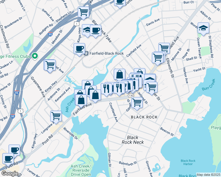 map of restaurants, bars, coffee shops, grocery stores, and more near 103 Morehouse Street in Bridgeport