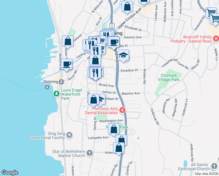 map of restaurants, bars, coffee shops, grocery stores, and more near 46 Broad Avenue in Ossining
