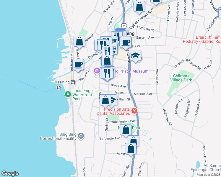 map of restaurants, bars, coffee shops, grocery stores, and more near 26 Broad Avenue in Ossining