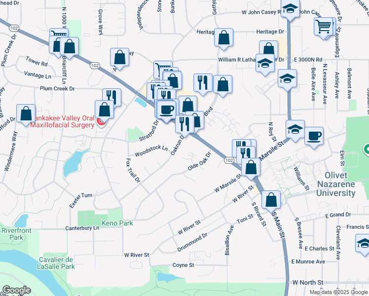 map of restaurants, bars, coffee shops, grocery stores, and more near 460-480 Oakrun Drive in Bourbonnais