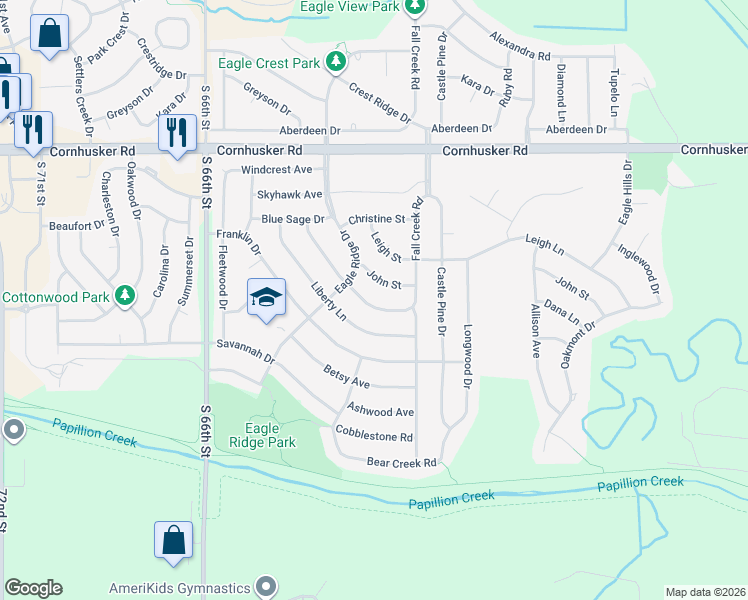 map of restaurants, bars, coffee shops, grocery stores, and more near 2106 Dana Lane in Papillion