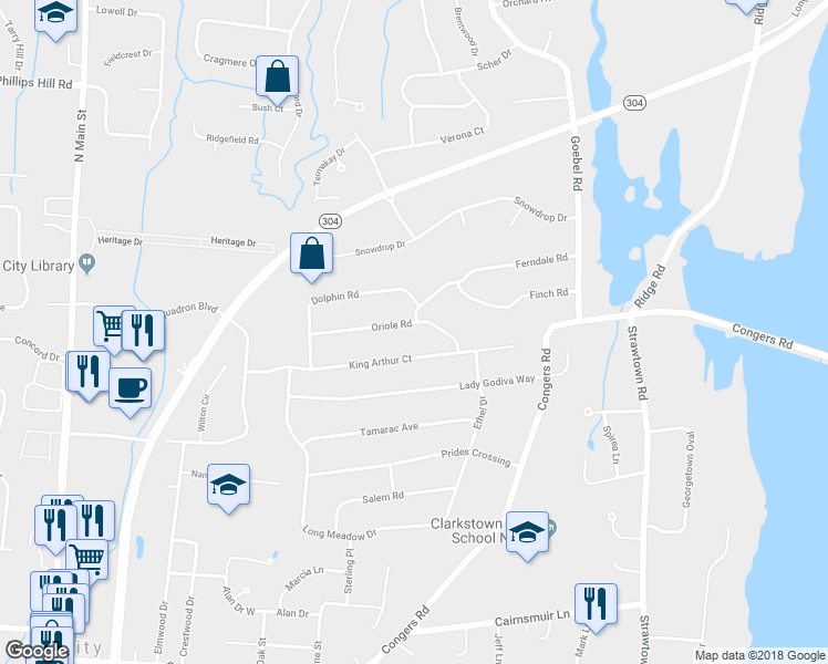 map of restaurants, bars, coffee shops, grocery stores, and more near 20 Oriole Road in New City