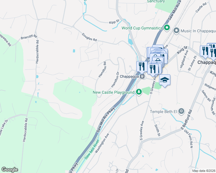 map of restaurants, bars, coffee shops, grocery stores, and more near 40 Hamilton Drive in Chappaqua