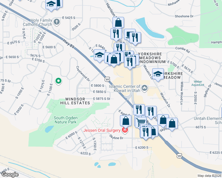 map of restaurants, bars, coffee shops, grocery stores, and more near 1425 East 5850 South in South Ogden