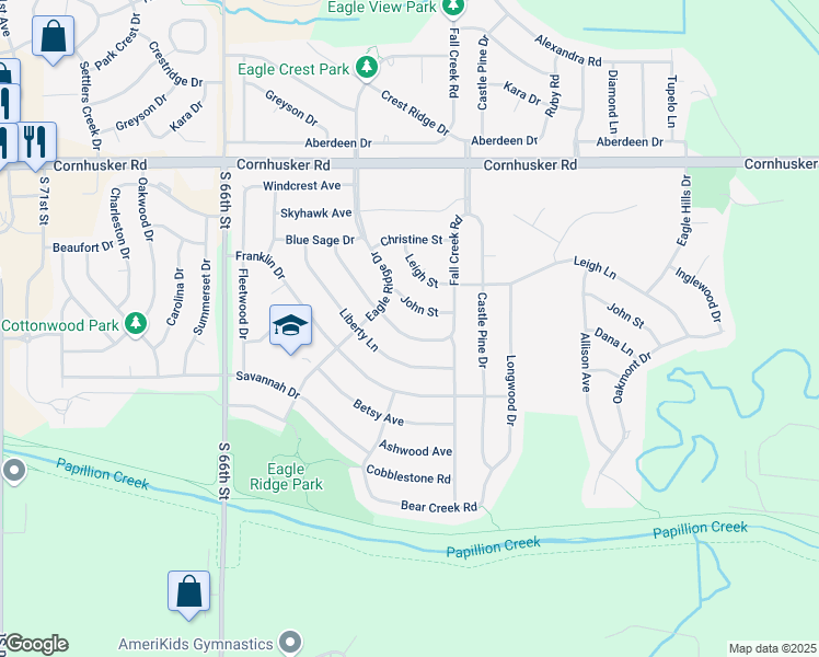 map of restaurants, bars, coffee shops, grocery stores, and more near 2106 Dana Lane in Papillion