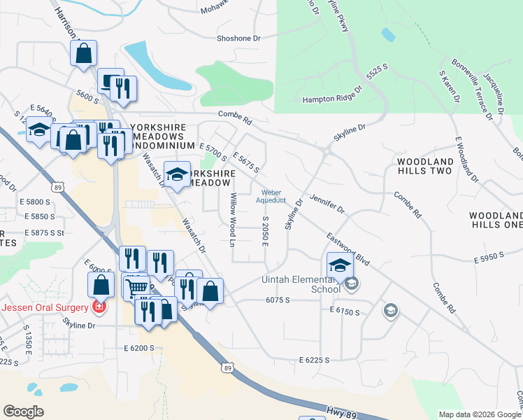 map of restaurants, bars, coffee shops, grocery stores, and more near 5833 Cedar Lane in Ogden