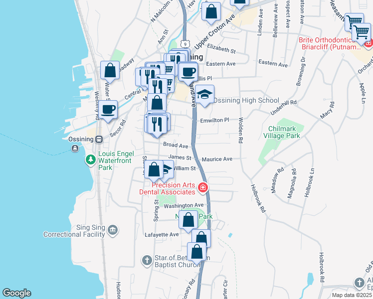 map of restaurants, bars, coffee shops, grocery stores, and more near 46 Broad Avenue in Ossining