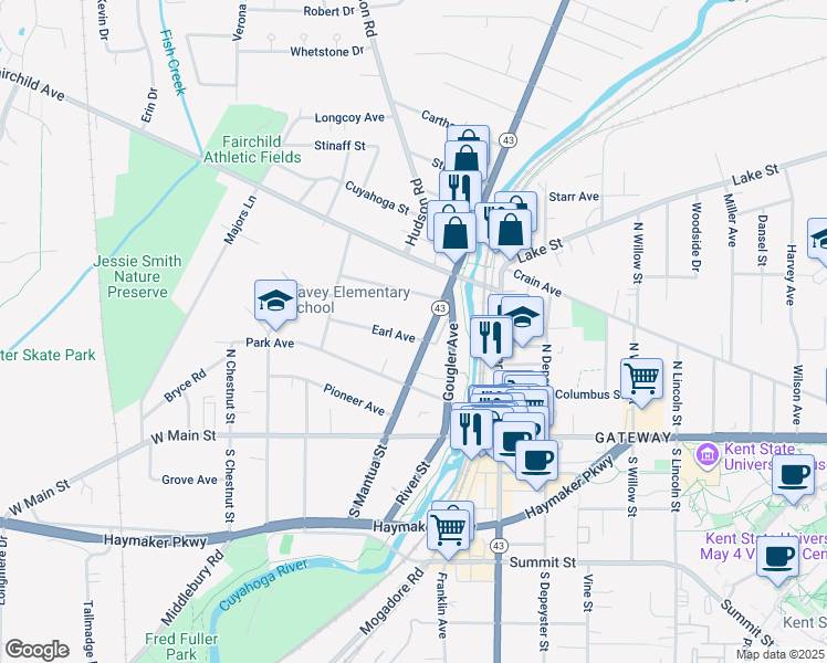 map of restaurants, bars, coffee shops, grocery stores, and more near 413 Earl Avenue in Kent